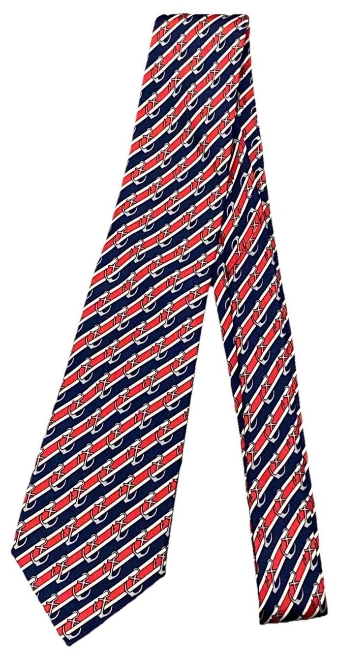 Hermes Men's Tie Nautical Anchors Red White Blue Gray Black Silk 3.25" W X 55" L